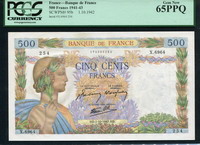프랑스 France 1941-1943, 500 Francs, P95b, PCGS 65 PPQ GEM UNC 완전미사용